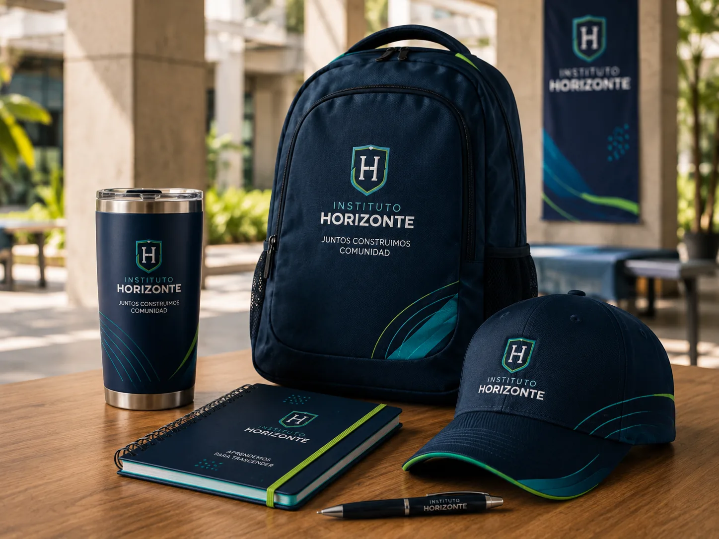 Merch institucional: mochila, termo, libreta, gorra y pluma