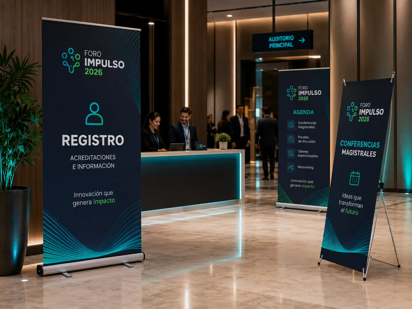 Porta banners portátiles para registro y entrada de evento