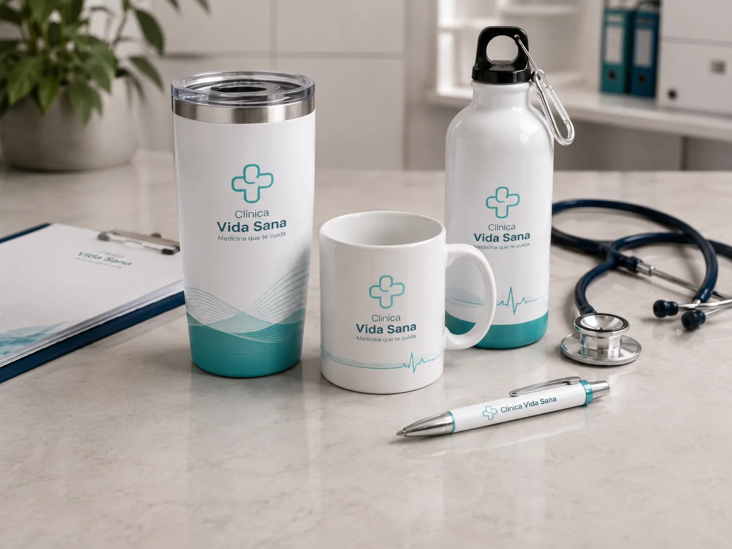 Merch institucional: termos, botellas y bolígrafos