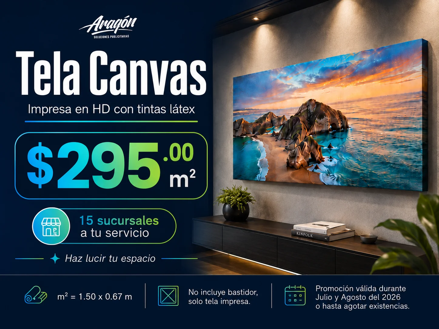 Promoción de tela canvas impresa en HD a $295 por metro cuadrado en todas las sucursales
