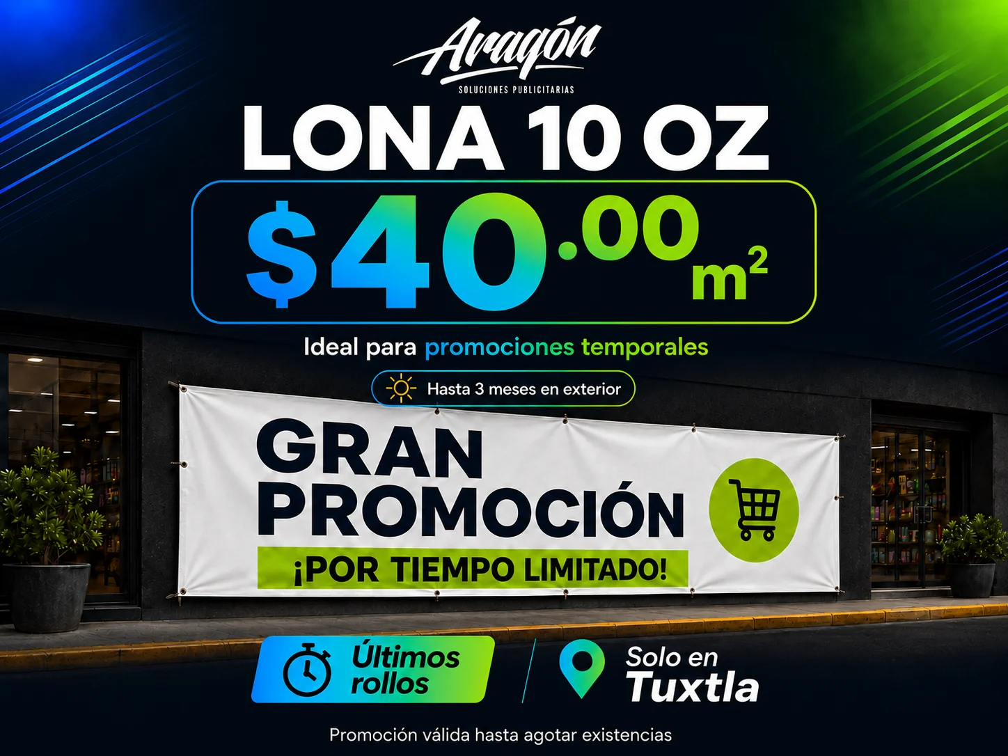 Promoción de lona de 10 onzas a $40 por metro cuadrado, solo en Tuxtla