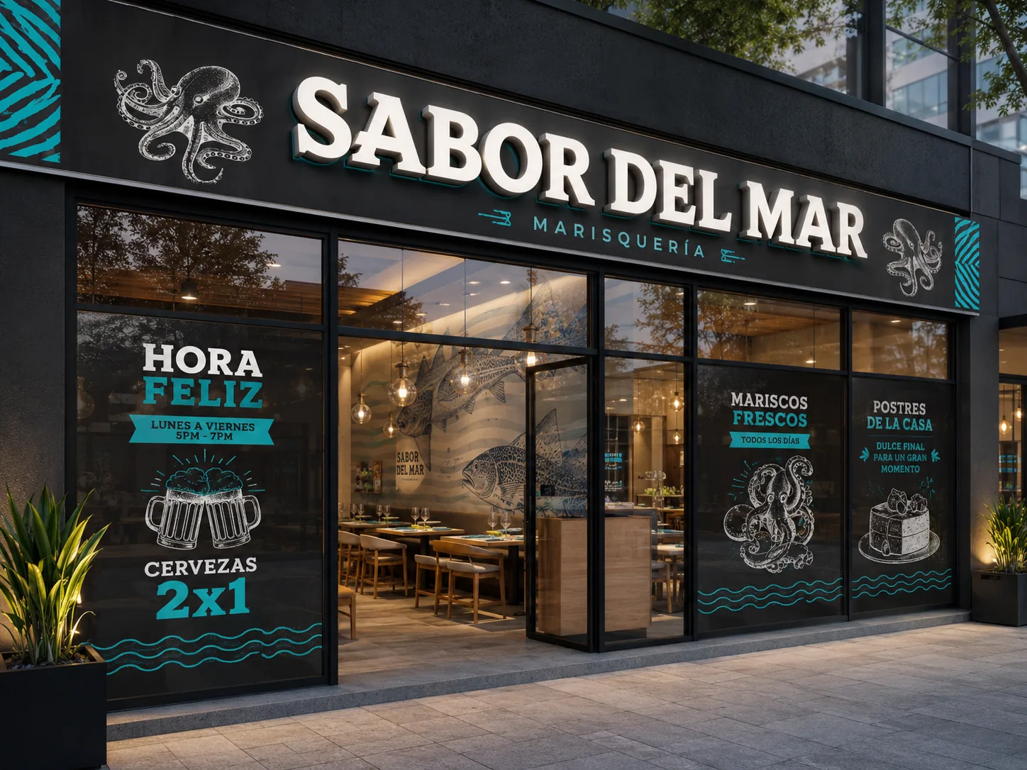Fachada de restaurante con letras 3D iluminadas y viniles promocionales en vitrina