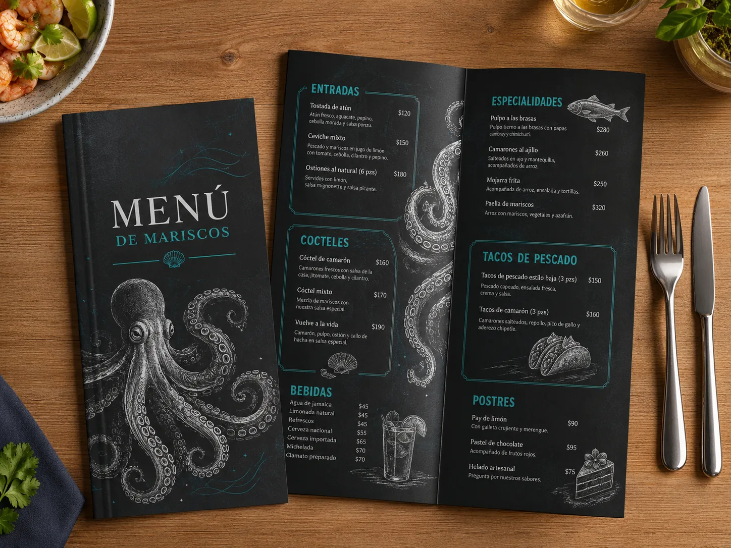 Menú impreso de mariscos con acabado editorial