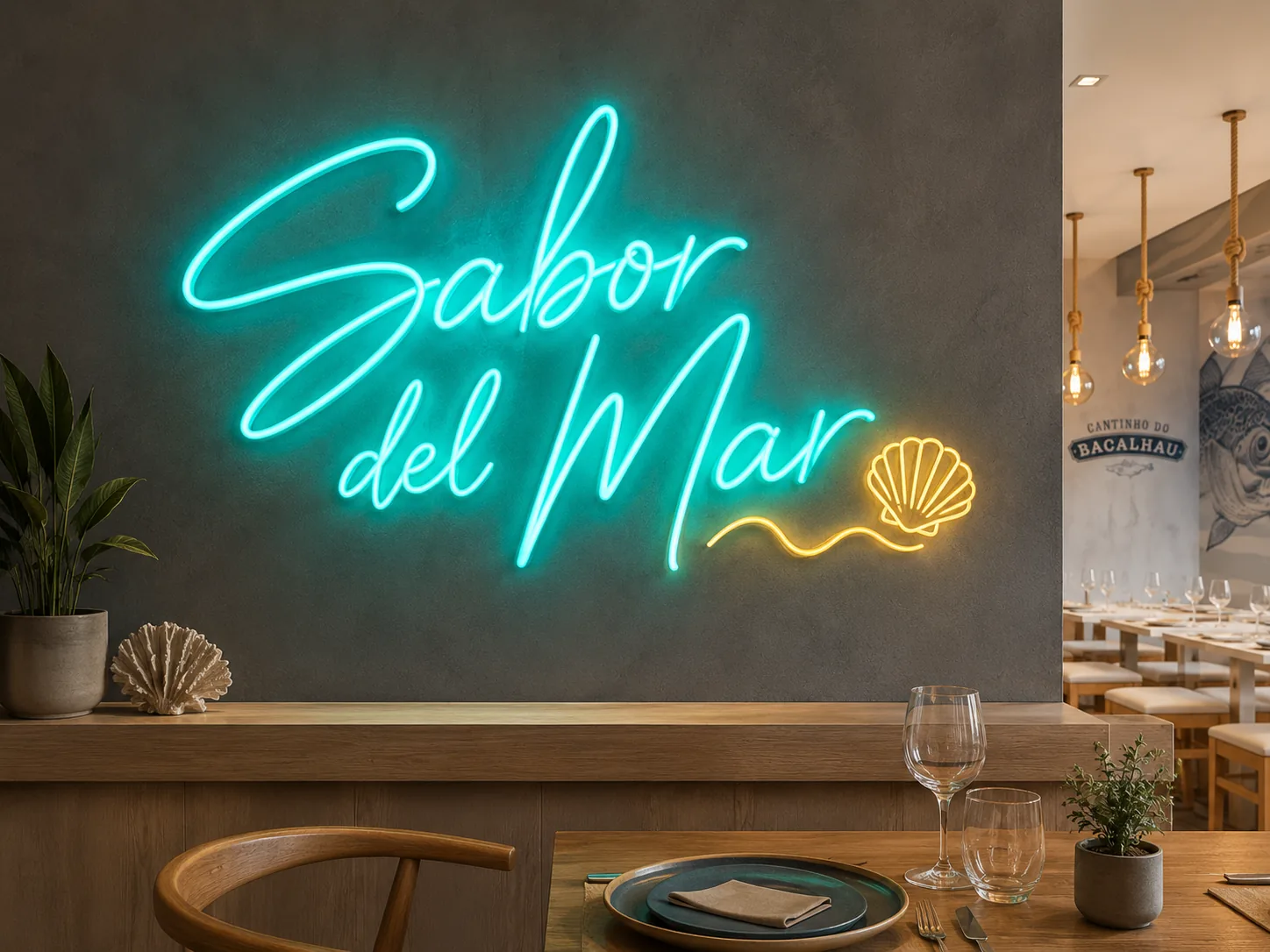 Letrero de neón LED con el nombre del restaurante