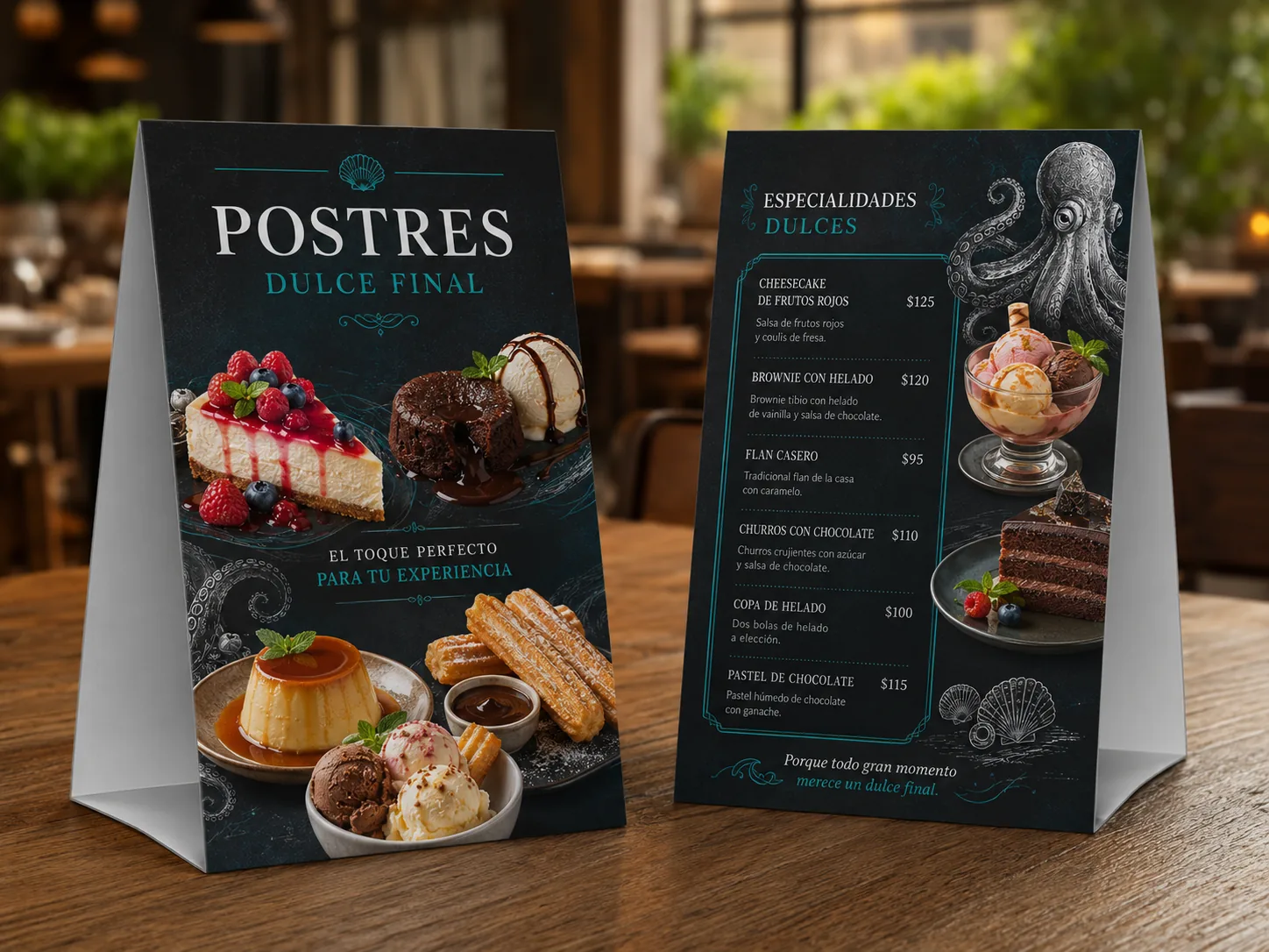 Tent cards de mesa con menú de postres