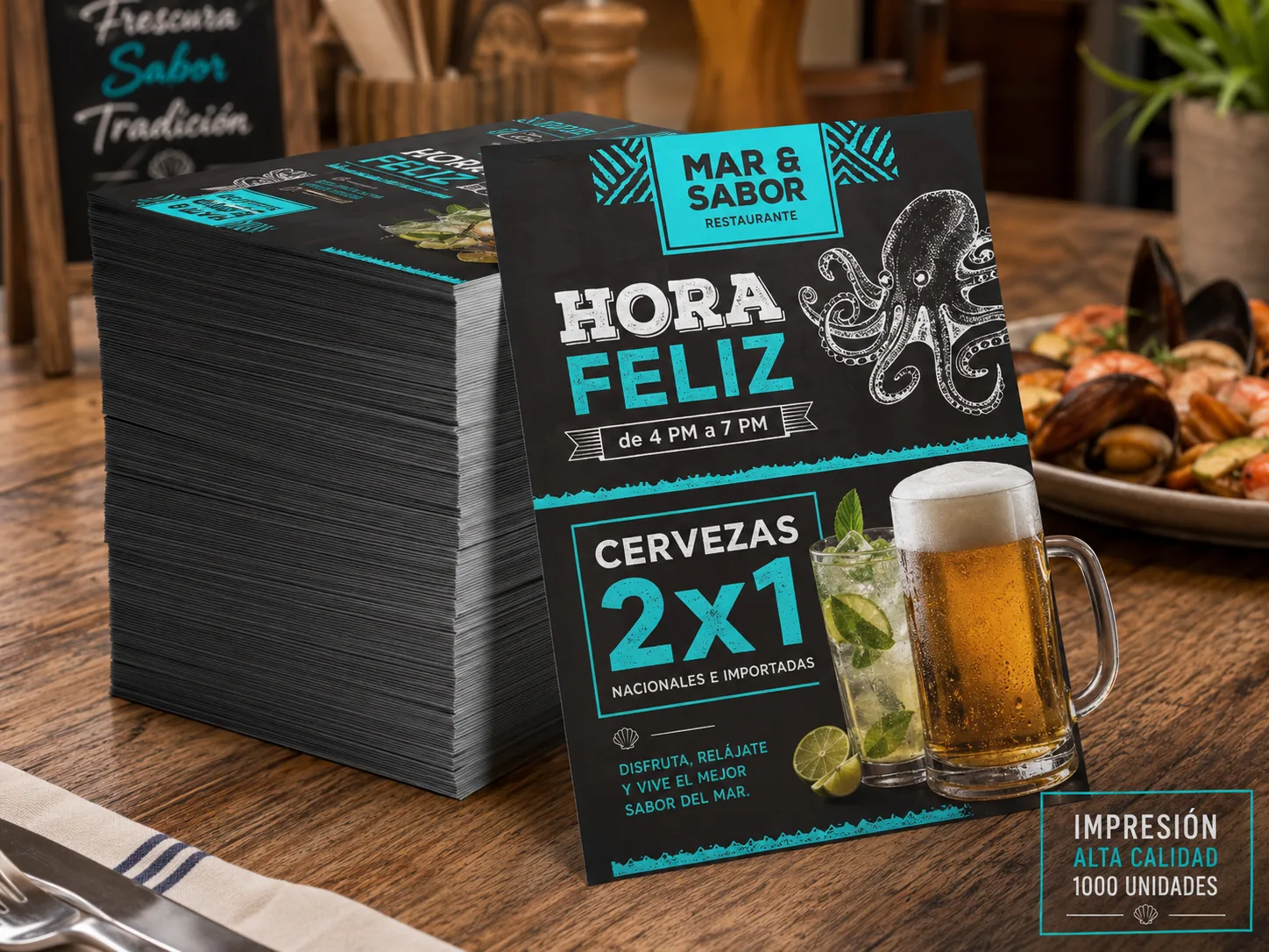 Volantes promocionales de restaurante con oferta de hora feliz